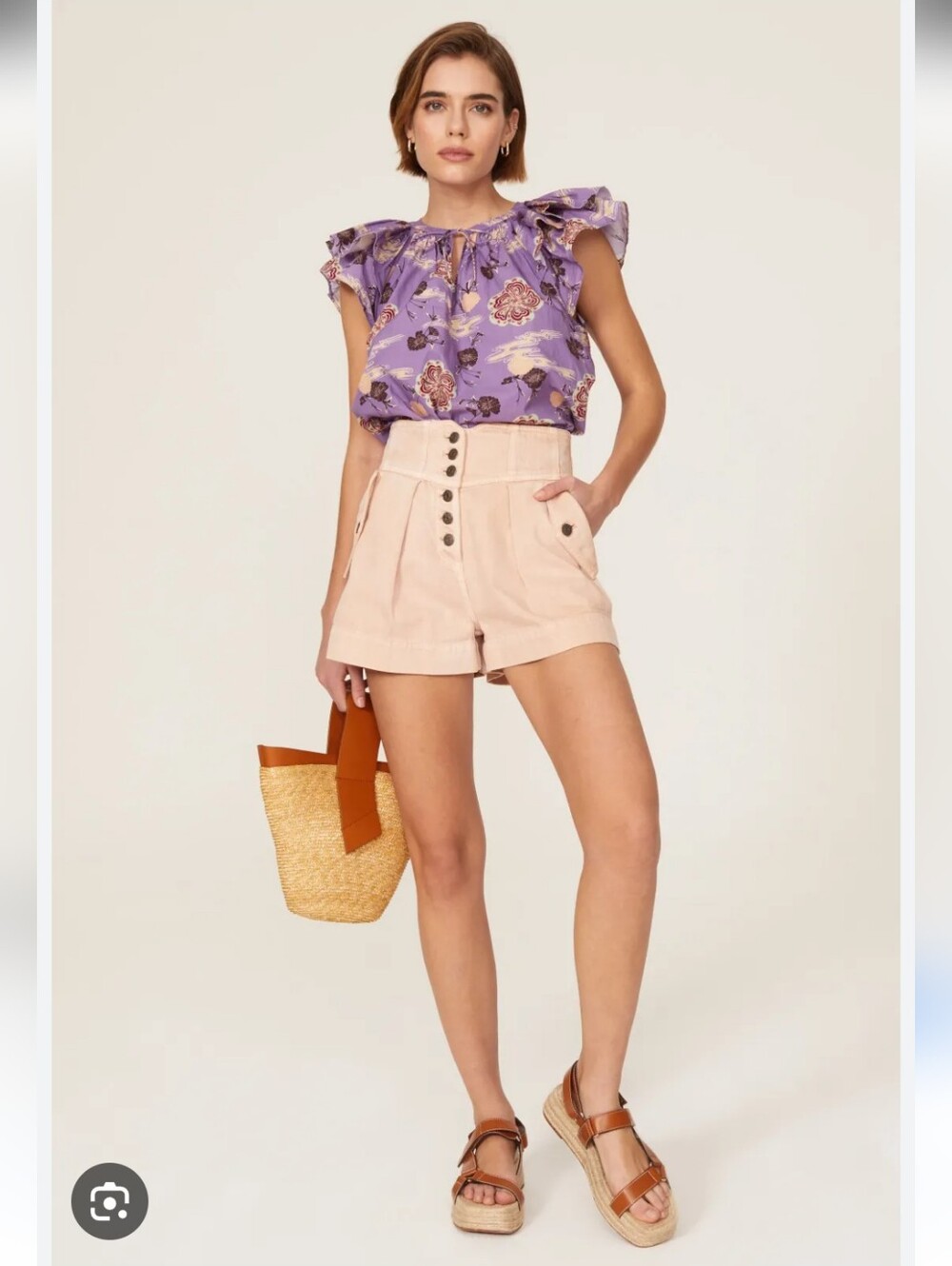 Ulla Johnson Lavender Floral Ruffled Sleeve Top & Blush High Waist Shorts